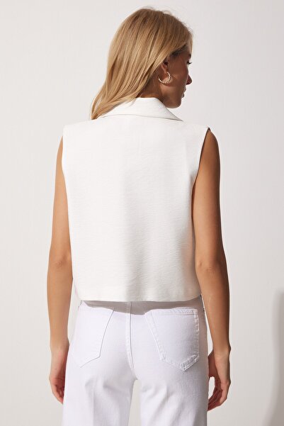 Happiness İstanbul Weiße Leinenweste mit Knöpfen für Damen TO00055