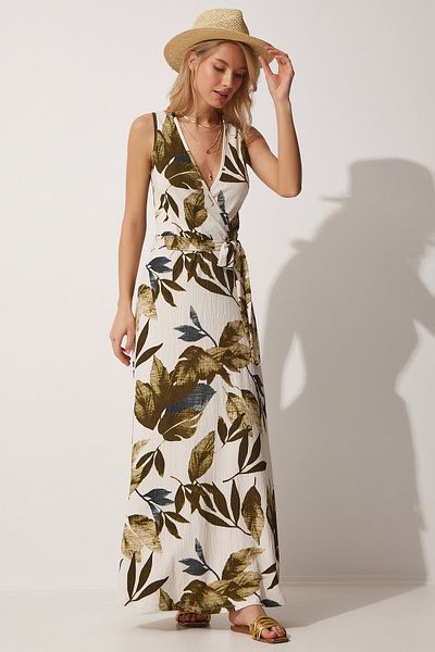 Happiness İstanbul Damen-Sommer-Strickkleid mit Wickelkragen, Khaki, Creme, Blumenmuster, ZH00016