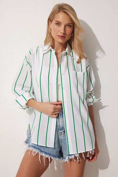 Happiness İstanbul Grün-weiß gestreiftes Oversize-Langhemd aus Baumwolle für Damen DX00005