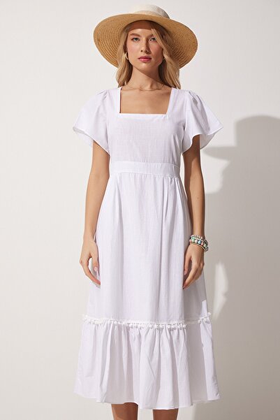 Happiness İstanbul Bílé dámské plátěné šaty s čtvercovým límečkem JH00046