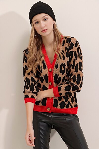 AQE FASHION Cardigan de damă cu nasturi de culoare coral cu imprimeu leopard