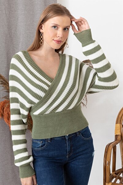 AQE FASHION Γυναικείο πουλόβερ με ριγέ μακρυμάνικο χακί V λαιμόκοψη