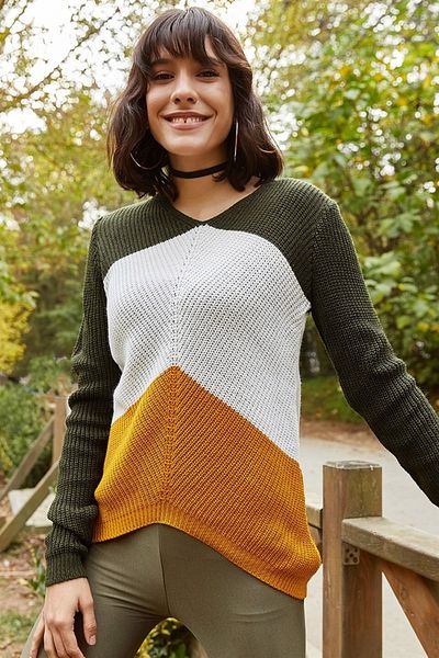 AQE FASHION Women's Color Blocked Khaki Sweater