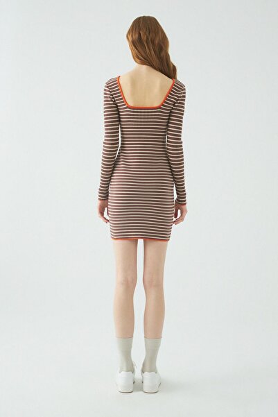 JU Beige Striped U-Neck Sports Dress
