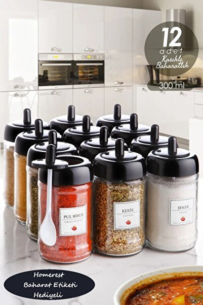 Homerest 12'li 300 Ml Kapağı Kaşıklı Etiket Hediyeli Cam Baharatlık Takımı| 1...