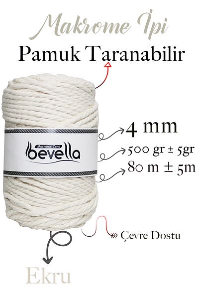 Bevella Macrame Cord 4 Mm 500 Gr 1 Τεμάχιο Βαμβακερό Σχοινί - Σχοινί Εκρού 3 Περιστροφή