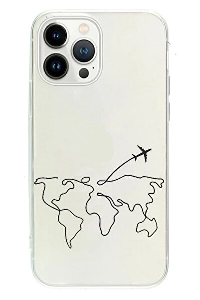 Powerfox Iphone 14 Pro Max Uyumlu Dünya Doodle Şeffaf Telefon Kılıfı