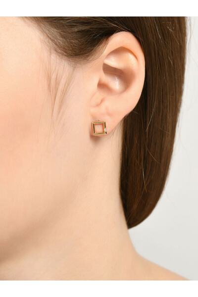 Quyumcu 14 Ayar Altın Geometrik Kare Tek Küpe - Tek Küpe