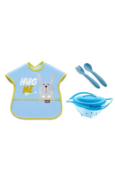 Babyjem Non-Spill Plate + Fork Spoon Set + Oilcloth Apron Blue Nutrition Set