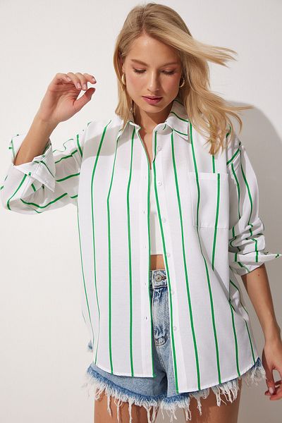 Happiness İstanbul Grün-weiß gestreiftes Oversize-Langhemd aus Baumwolle für Damen DX00005
