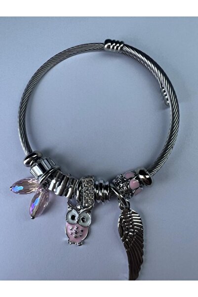 DUYGUSHOESBAG Model Silver Steel Bracelet with Pink Owl Figure