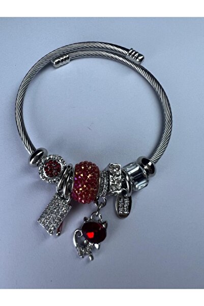 DUYGUSHOESBAG Model Silver Steel Bracelet with Red Cat Figure
