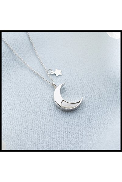 sorti takı aksesuar 925 Ayar Gümüş Yıldız Detaylı Ay Kolye - Gümüş