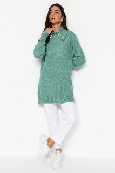 Trendyol Modest Türkiz baba gallérral gyöngyözött puha kötöttáru pulóver TCTAW22AK0238