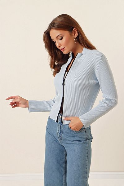 AQE FASHION Cardigan de damă, cu talie înaltă, cu nervuri, cu deschidere reversabilă, cu fermoar, tricotaj, albastru