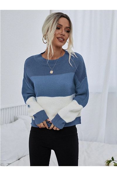 AQE FASHION Color Blocked Long Sleeve Crew Neck Women's Knitwear Sweater