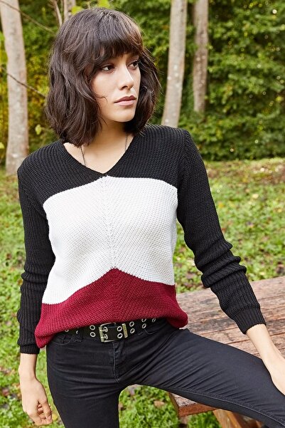 AQE FASHION Γυναικείο Color Block Μαύρο πουλόβερ