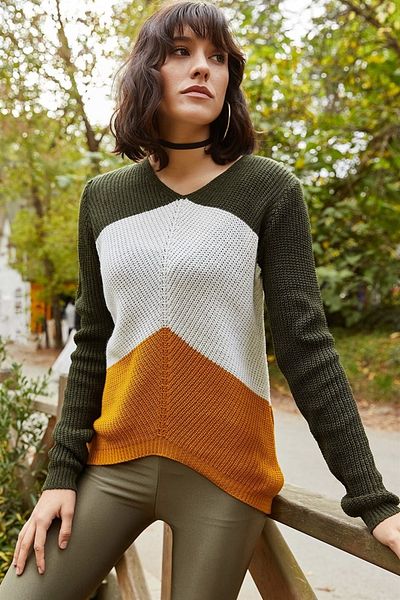 AQE FASHION Women's Color Blocked Khaki Sweater