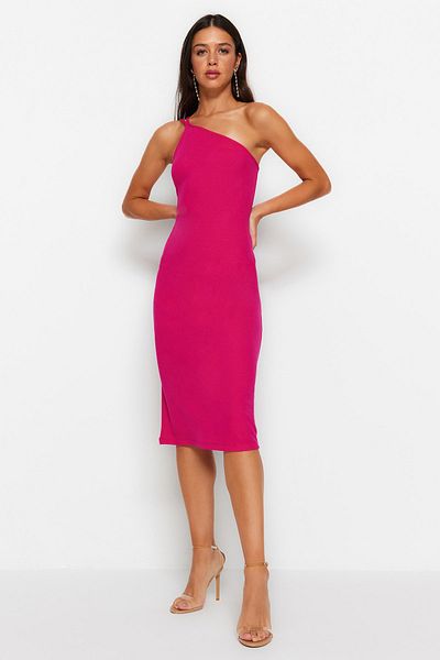 Trendyol Collection Fuchsia One Shoulder A-Line Midi Smart Crepe Πλεκτό Φόρεμα TWOSS23EL02303