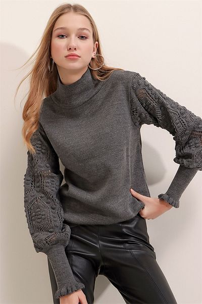 AQE FASHION Pulover de damă, antracit, cu jumătate de gât cu detaliu din dantelă