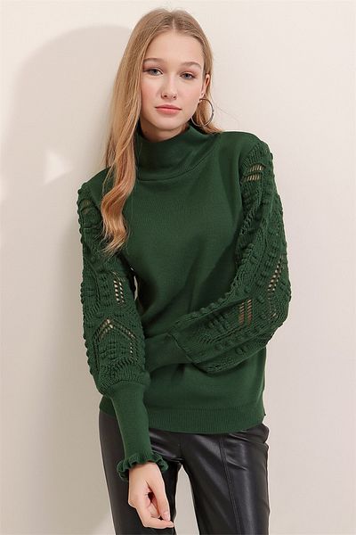AQE FASHION Pulover de damă verde cu mânecă țestoasă jumătate din dantelă