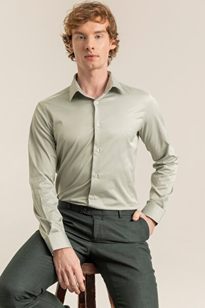 alenmeza Men's Light Green 100% Cotton Satin Non-iron Ironing Casual Pocketless Modern Fit Shirt