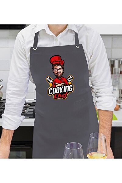 Bk Gift Kişiye Özel Erkek Chef Karikatürlü Profesyonel Antrasit Mutfak Önlüğü...