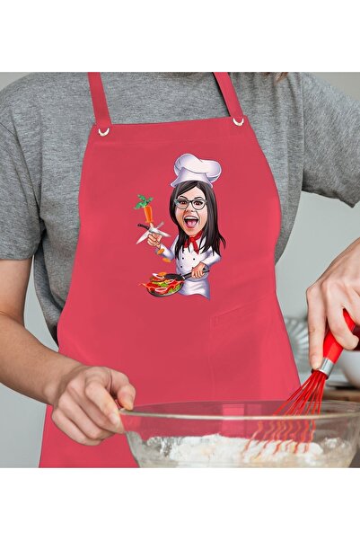 Bk Gift Kişiye Özel Kadın Chef Karikatürlü Profesyonel Pembe Mutfak Önlüğü