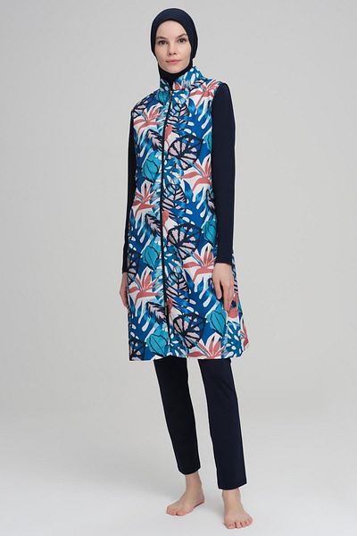 Nehar Colorful Leaf Pattern Navy Blue Jelly 3 Piece Hijab Swimsuit Set 2218
