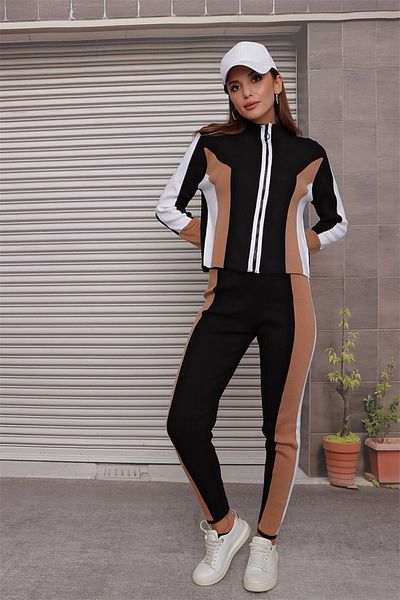 AQE FASHION Διπλό ψεύτικο κολάν με ριγέ λεπτομέρεια και παντελόνι με φερμουάρ