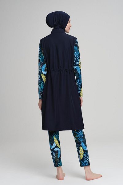 Nehar Magnolia Leaf Pattern Navy Blue Jelly 3 Piece Hijab Swimsuit Set 2228
