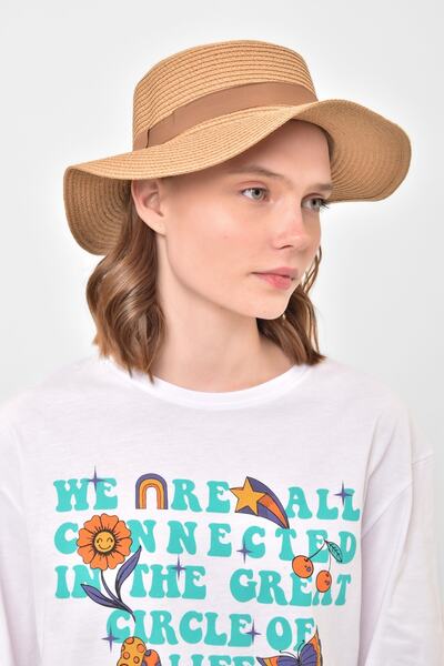 Saria Moda Pălărie de damă din paie lată cu detaliu de dungi