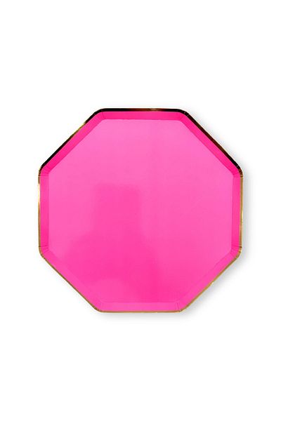 Mare Karnaval Octagonal Fuchsia Gold Gilt Cardboard Party Plate 8 Pieces-18cm