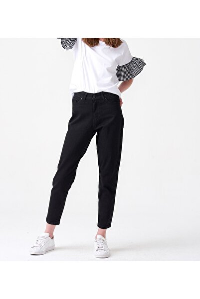 LİMABEL Yüksek Bel Likralı Siyah Mom Jeans Esnek Kot Pantolon