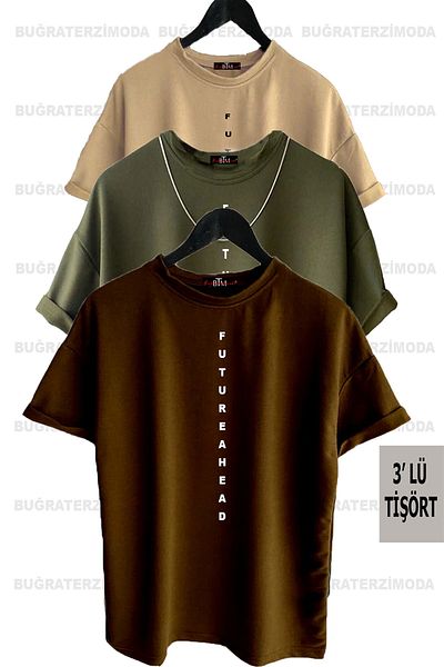 Buğraterzimoda Futureahead Printed Unisex Χακί-μπεζ-καφέ (χαλαρή εφαρμογή) Oversize μπλουζάκι 3 τεμαχίων