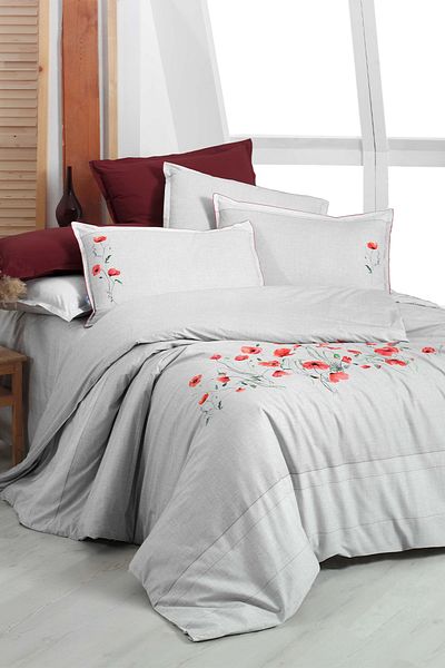 Sarev Serra Gray Double 100% Cotton Fancy Poplin Duvet Cover Set