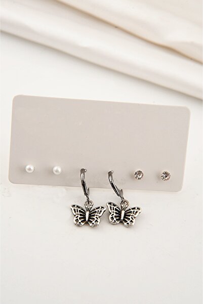 EUROMODA Eskitme Model Kelebek Tasarımlı Antik Gümüş Kaplamalı Kadın Kız Sallantılı Küpe