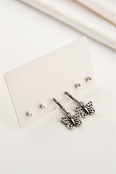 EUROMODA Eskitme Model Kelebek Tasarımlı Antik Gümüş Kaplamalı Kadın Kız Sallantılı Küpe