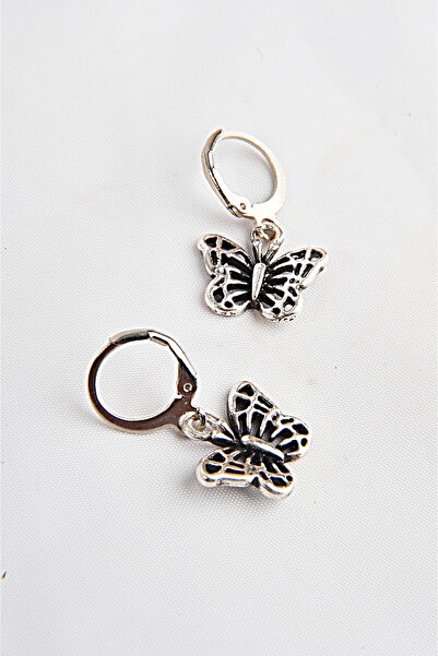 EUROMODA Eskitme Model Kelebek Tasarımlı Antik Gümüş Kaplamalı Kadın Kız Sallantılı Küpe