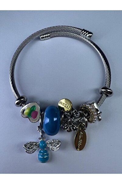 DUYGUSHOESBAG Silver Steel Bracelet with Blue Butterfly Figure