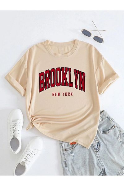 trendgar Μπλουζάκι Red Brooklyn Printed Beige Oversize