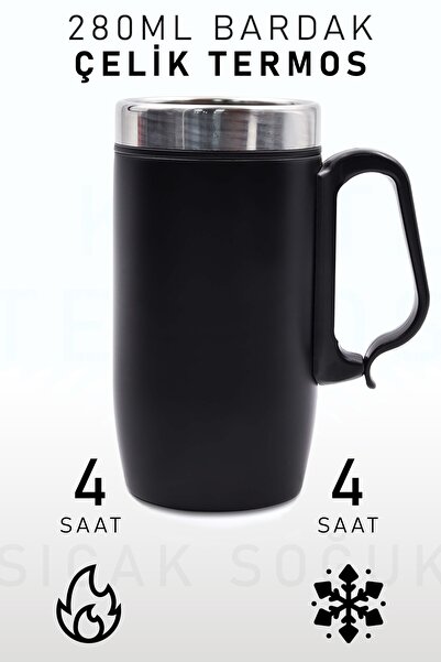 İkon store 280 Ml Özel Kulplu Siyah Bardak Çelik Termos