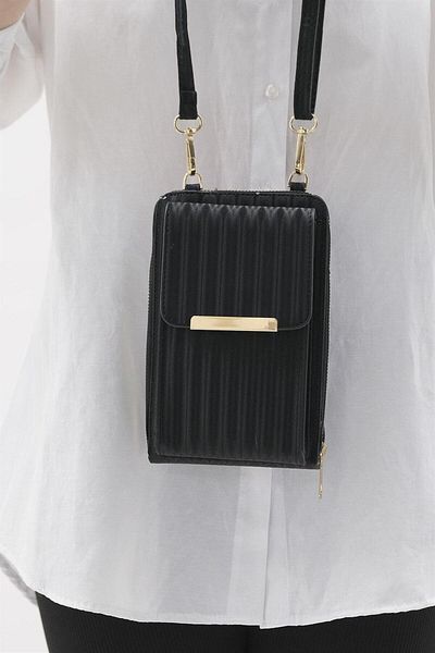 truvabags Satin Look Negru, Sport, Trei fermoare, Curea de umăr, Sugestie de tendințe, Sport, Geantă pentru telefon
