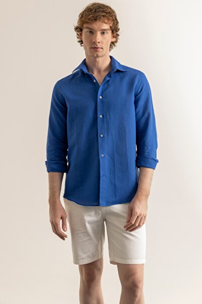 alenmeza Erkek Saks Mavi %100 Keten Modern Fit Cepsiz Gömlek