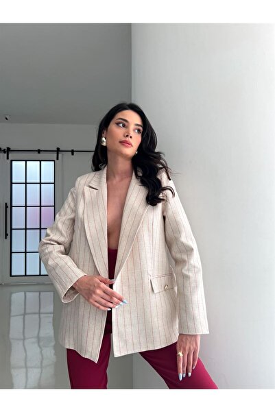 Laluvia Linen Striped Jacket Red