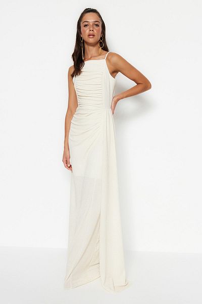 Trendyol Collection Екрю боді приталені Orme Glitter DugunNikah Довгі вечірні сукні TPRSS23AE00250
