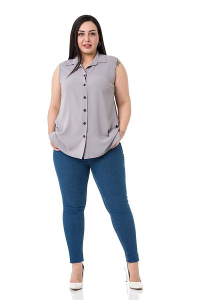 DISENTIS MODEST Gray Large Size Sleeveless Shirt Collar Buttoned Shirt
