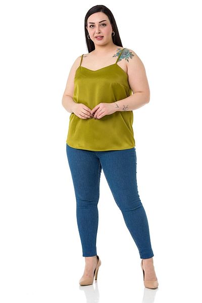 DISENTIS MODEST Plus Size Adjustable Thin Strap Satin Pistachio Green Blouse
