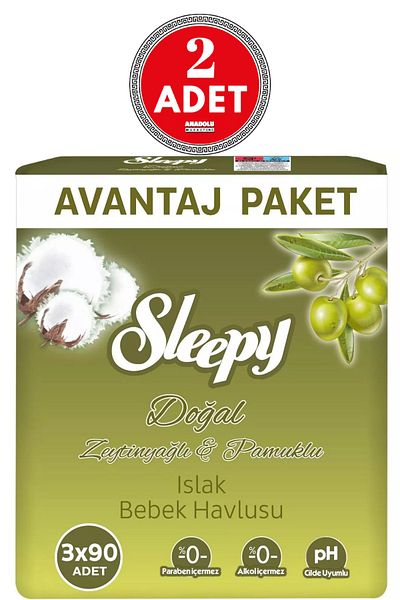 Sleepy Wet Towel Wipes 3x90 Sheets Olive Oil Advantage Package 2 Pieces with Plastic Cover