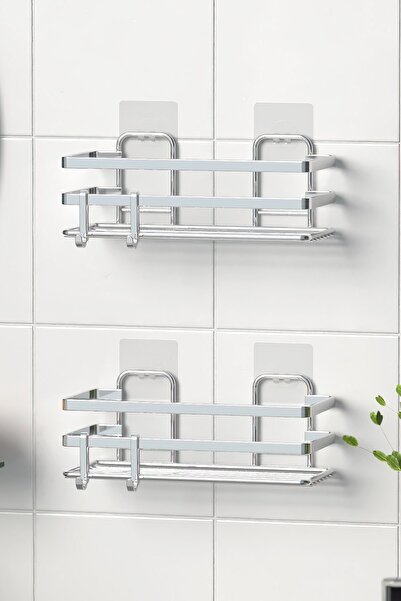 Tekno-tel Teknotel Yapışkanlı Kancalı 2 Adet Banyo Rafı Krom St281h
